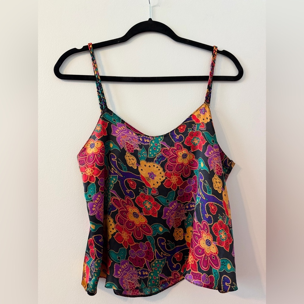 Vintage Vibrant Silky Floral Multicolor Camisole Cami Tank Top
